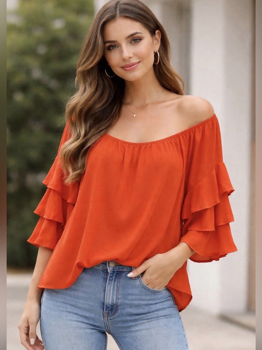 Say What? Women’s Top Off-The-Shoulder Ruffled Flare Sleeve Plus Size 2XL Sheer